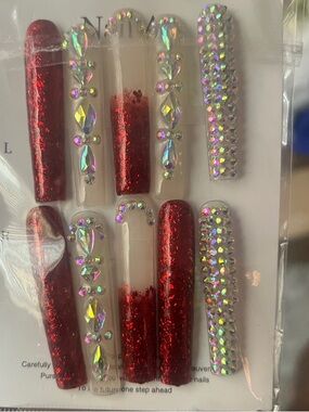 Red Glitter & Rhinestone handmade Press-On Nail Set - Unbranded